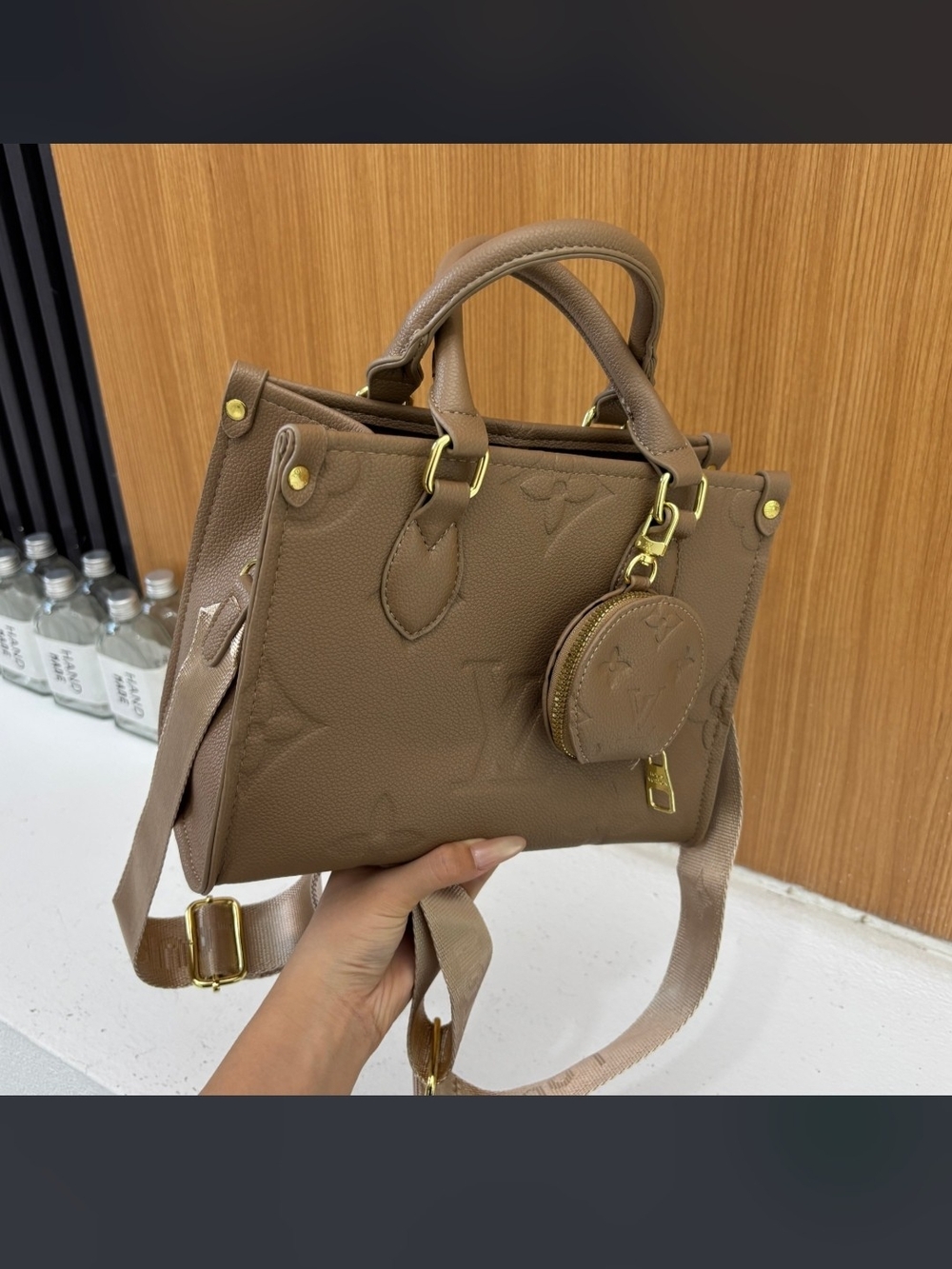 Taupe Leather Top-Handle Women's Bag with Coin Pouch